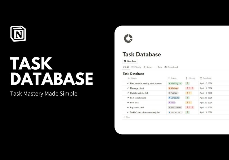 May include: A screenshot of a task management app with a list of tasks, their status, priority, and due dates. The app is called "Task Database" and is described as "Task Mastery Made Simple".
