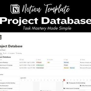 K&ouml;nnte beinhalten: Ein Screenshot einer Notion-Vorlage f&uuml;r eine Projekt-Datenbank. Die Vorlage enth&auml;lt eine Tabelle mit Spalten f&uuml;r Projektname, Datum, Status, Quartal, Tags und Notizen. Die Tabelle wird verwendet, um den Fortschritt von Projekten und Aufgaben zu verfolgen. Die Vorlage enth&auml;lt auch eine Zeitachsenansicht, die die Start- und Enddaten von Projekten anzeigt.