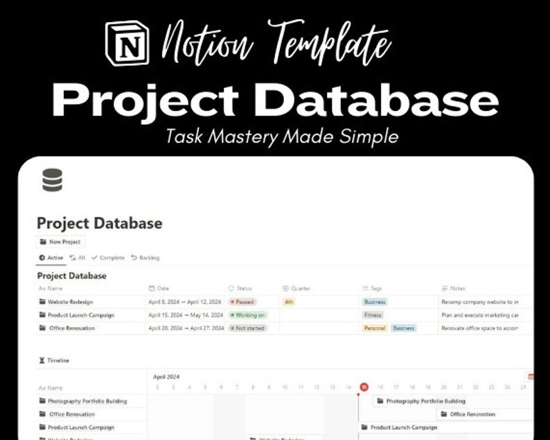 K&ouml;nnte beinhalten: Ein Screenshot einer Notion-Vorlage f&uuml;r eine Projekt-Datenbank. Die Vorlage enth&auml;lt eine Tabelle mit Spalten f&uuml;r Projektname, Datum, Status, Quartal, Tags und Notizen. Die Tabelle wird verwendet, um den Fortschritt von Projekten und Aufgaben zu verfolgen. Die Vorlage enth&auml;lt auch eine Zeitachsenansicht, die die Start- und Enddaten von Projekten anzeigt.