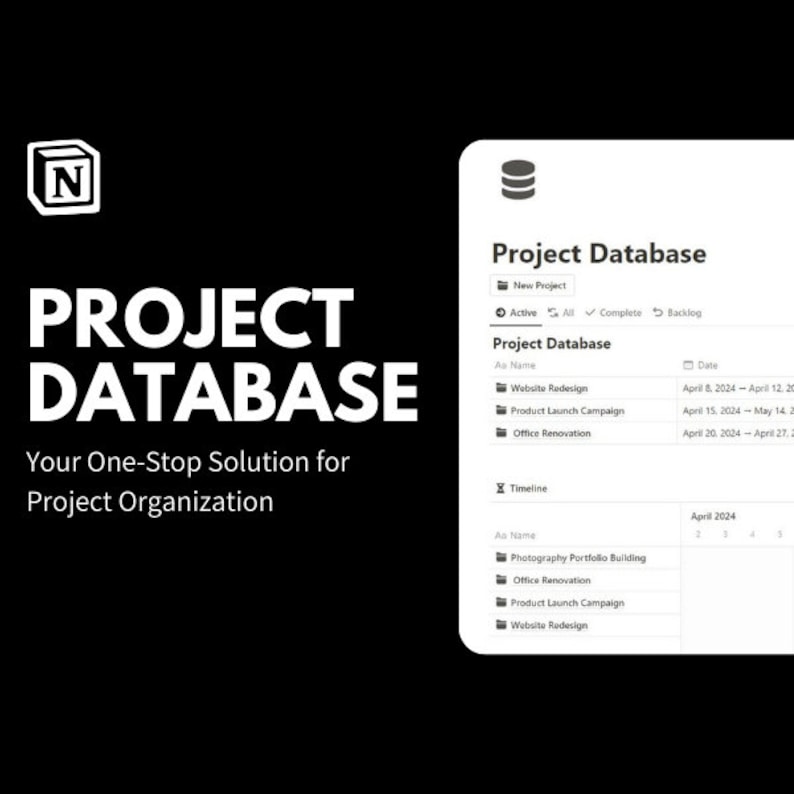 K&ouml;nnte beinhalten: Ein Screenshot einer Projektmanagement-Software-Oberfl&auml;che. Die Software hei&szlig;t "Project Database" und enth&auml;lt eine Liste von Projekten mit ihren Namen, Daten und Zeitpl&auml;nen. Die Projekte umfassen "Website-Neugestaltung", "Produkt-Launch-Kampagne" und "B&uuml;ro-Renovierung".