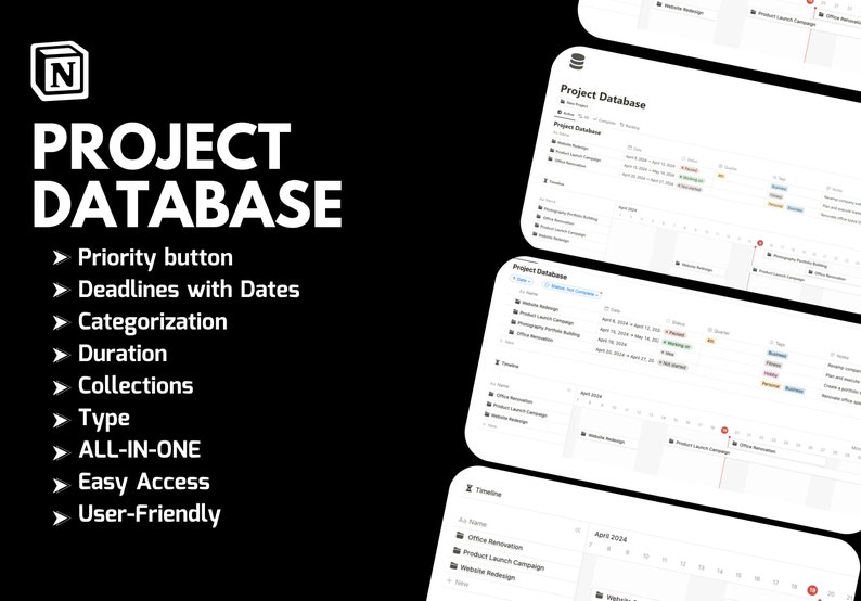 K&ouml;nnte beinhalten: Ein Screenshot einer Website, die ein Projektmanagement-Tool mit einer Kalender-Oberfl&auml;che zeigt. Das Tool hei&szlig;t "Project Database" und verf&uuml;gt &uuml;ber eine Zeitleiste, Fristen und Kategorisierung. Der Text "Project Database" wird in einem wei&szlig;en Feld mit grauem Hintergrund angezeigt.