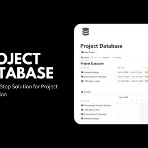 K&ouml;nnte beinhalten: Ein Screenshot einer Projektmanagement-Software-Oberfl&auml;che. Die Software hei&szlig;t "Project Database" und zeigt eine Liste von Projekten mit ihren Namen, Daten, Status und Quartalen. Die Projekte sind: Website-Neugestaltung, Produkt-Launch-Kampagne und B&uuml;ro-Renovierung. Die Software verf&uuml;gt auch &uuml;ber eine Zeitleistenansicht, die die Projekte in einem Kalender anzeigt.
