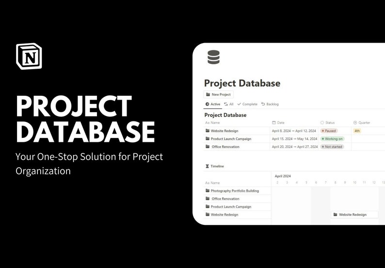 K&ouml;nnte beinhalten: Ein Screenshot einer Projektmanagement-Software-Oberfl&auml;che. Die Software hei&szlig;t "Project Database" und zeigt eine Liste von Projekten mit ihren Namen, Daten, Status und Quartalen. Die Projekte sind: Website-Neugestaltung, Produkt-Launch-Kampagne und B&uuml;ro-Renovierung. Die Software verf&uuml;gt auch &uuml;ber eine Zeitleistenansicht, die die Projekte in einem Kalender anzeigt.