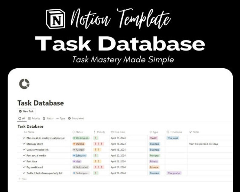 May include: A screenshot of a Notion task database template. The template is titled "Task Database" and includes columns for task name, status, priority, due date, type, timeframe, and notes. The template is designed to help users organize and manage their tasks.