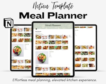 May include: A screenshot of a Notion template for meal planning. The template is displayed on a tablet screen and features a weekly meal plan, a grocery list, and a section for recipes. The template is designed to help users plan their meals and create a grocery list.