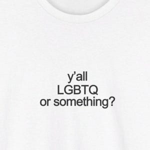 May include: White t-shirt with the text "y'all LGBTQ or something?" printed in black. The text is centered on the shirt. The shirt is made of a soft material.