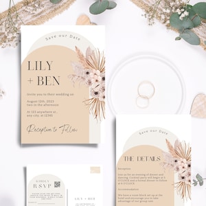 Boho Modern Wedding Invitation with QR code, Simple Editable Invite Template