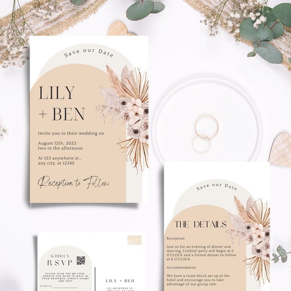 Boho Modern Wedding Invitation with QR code, Simple Editable Invite Template