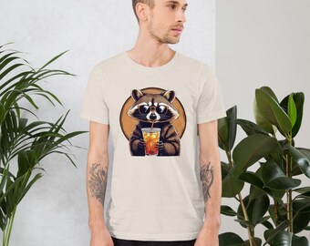 Raccoon Drinking Iced Coffee T-Shirt – Funny Animal Graphic Tee, Streetwear Style