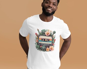 Retro Cassette Floral T-Shirt – Vintage Music Lover Tee, Indie Style Graphic Shirt