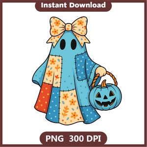 Retro Halloween Denim Ghost PNG, Trendy Patchwork Spooky Ghost, Cute Boo Coquette Ghost PNG, Fall Pumpkin PNG, Aesthetic Spooky Season Art