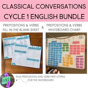 May include: A set of printable worksheets and a whiteboard chart for teaching prepositions and verbs. The worksheets include lists of compound prepositions, helping verbs, and linking verbs. The whiteboard chart has color-coded squares with prepositions and verbs written on them. The text "Classical Conversations Cycle 1 English Bundle" is at the top of the image.