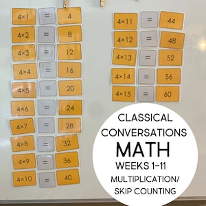 May include: A white board with yellow squares containing multiplication problems for the number 4. The problems range from 4 x 1 to 4 x 15. The answers are written on the squares to the right of the equal sign. The board also has a large circle with the text "CLASSICAL CONVERSATIONS MATH WEEKS 1-11 MULTIPLICATION/ SKIP COUNTING".