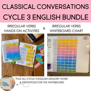 Puede incluir: Un conjunto de recursos educativos para enseñar verbos irregulares en inglés. El conjunto incluye un gráfico colorido con verbos irregulares y sus formas, así como actividades prácticas para que los estudiantes practiquen. El gráfico está en una pizarra blanca y las actividades están en una mesa de madera. Los recursos están etiquetados como "Classical Conversations Cycle 3 English Bundle".