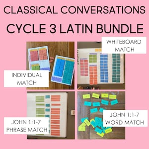 Puede incluir: Cuatro tipos diferentes de juegos de emparejamiento para aprender latín. Los juegos están etiquetados como "Whiteboard Match", "Individual Match", "John 1:1-7 Phrase Match" y "John 1:1-7 Word Match".