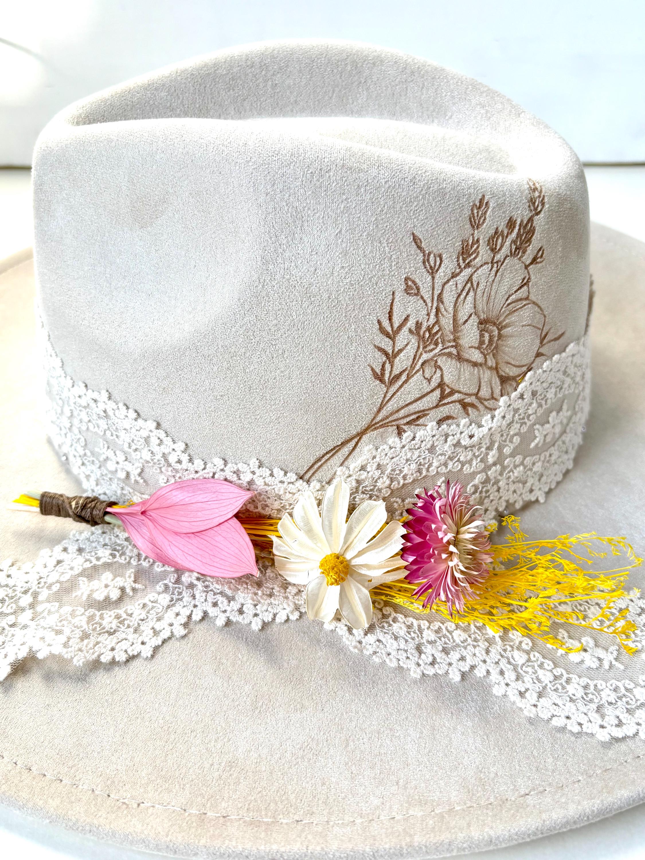 Floral Hand Burned Creamy Beige Hat Hand-burned Floral Suede Hat | Western Brown Cap With  main image 2