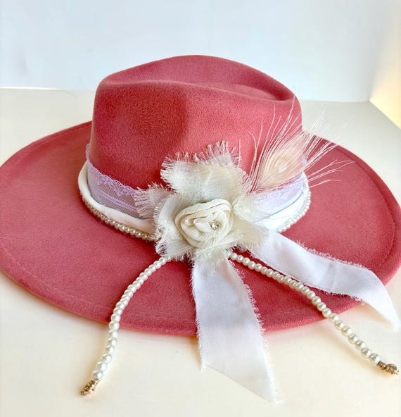 Pink Fedora Hat: Handmade Boho Chic Pearl & Crystal Flower 