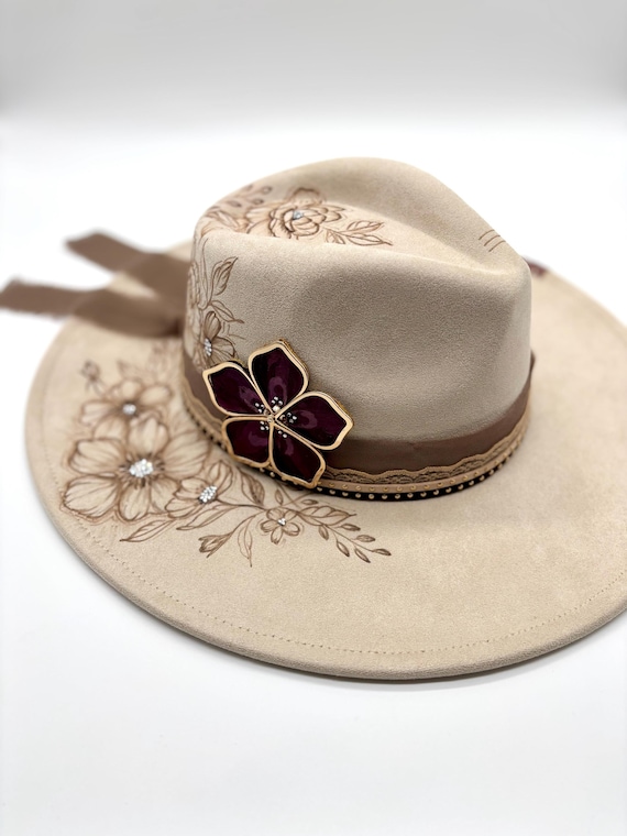Cream Suede Fedora Hat: Burned Floral Design, Gold Flower 