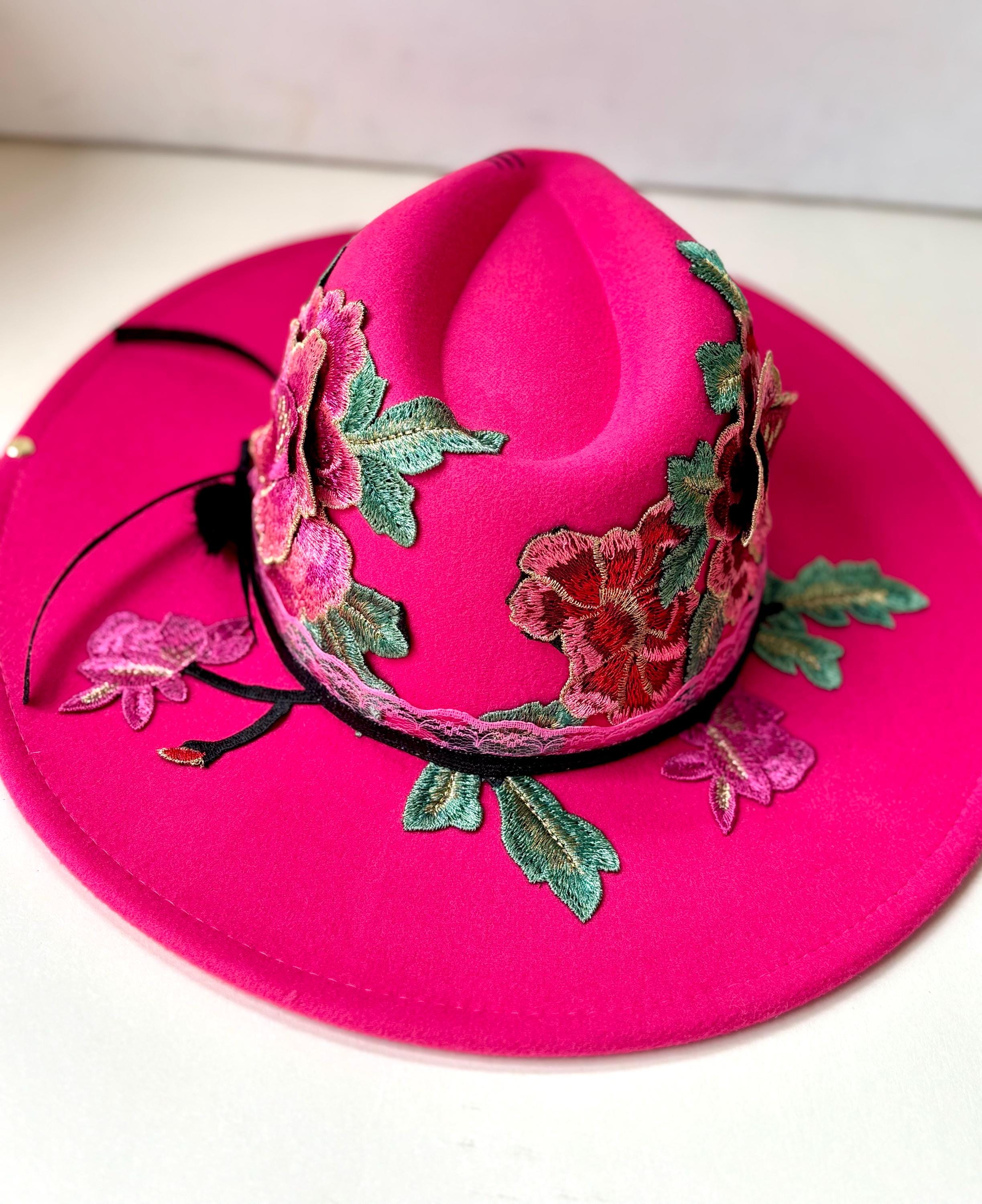 Wide Brim Pink Felt Hat with Floral Patch Accents The Vegan Felt Rancher Hat main image 4