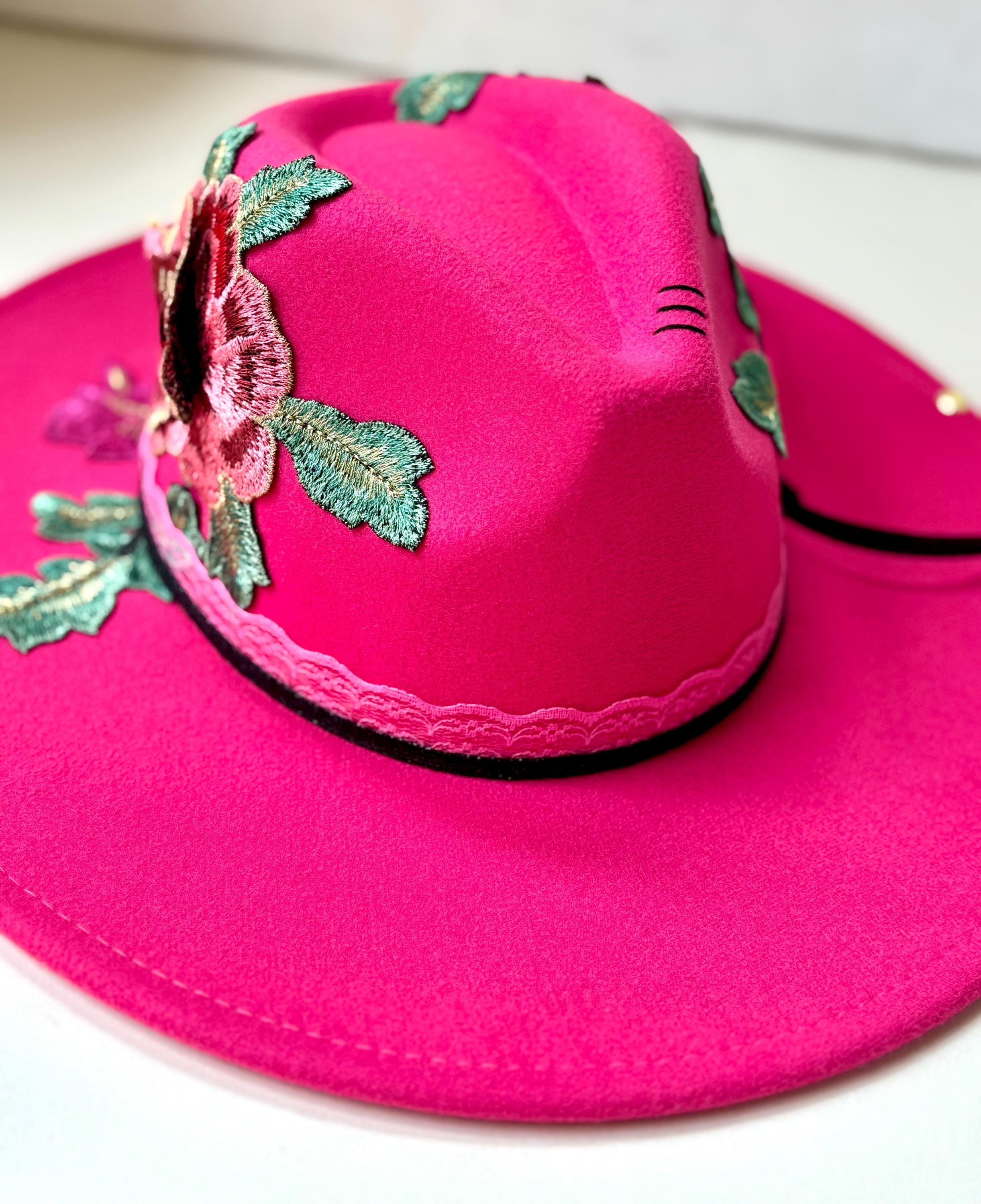 Burned Wide Brim Fedora: Pink Felt Hat With Embroidered  display picture 1