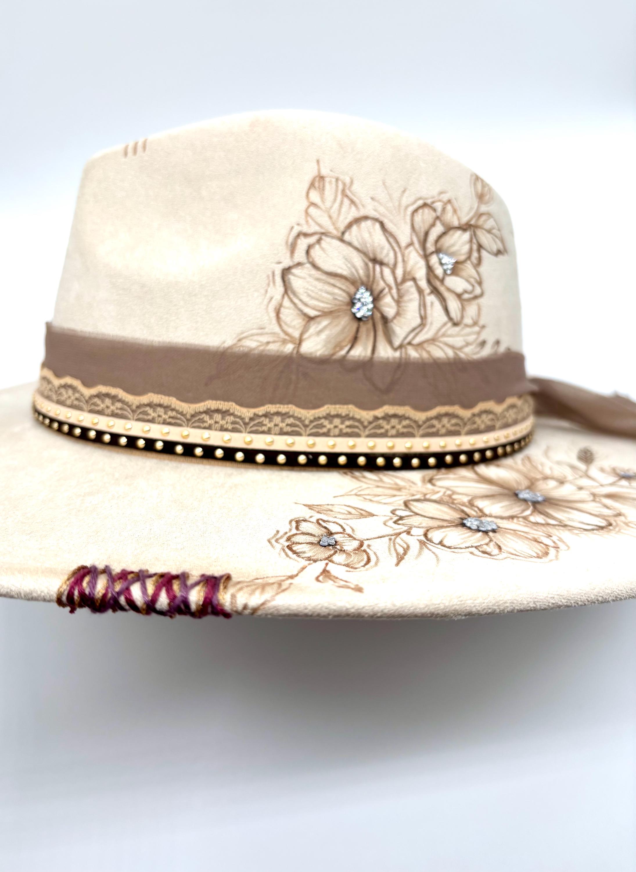 Cream Suede Fedora Hat: Burned Floral Design, Gold Flower 