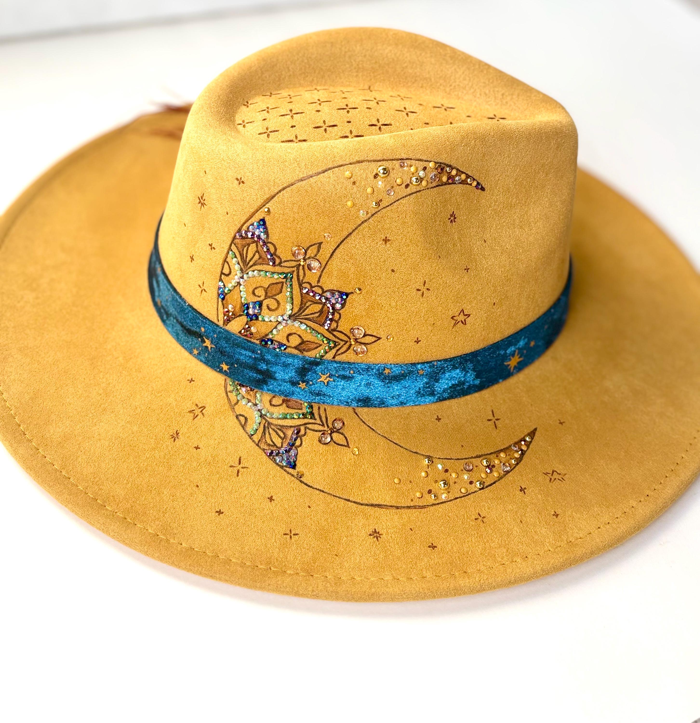 Burned Suede Fedora: Mustard Yellow Hat With Moon & Star  display picture 2