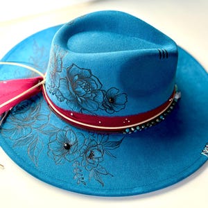 Burned Floral Fedora: Blue Vegan Suede Wide Brim Hat