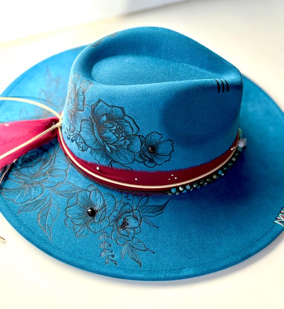 Burned Floral Fedora: Blue Vegan Suede Wide Brim Hat - Etsy display picture 2