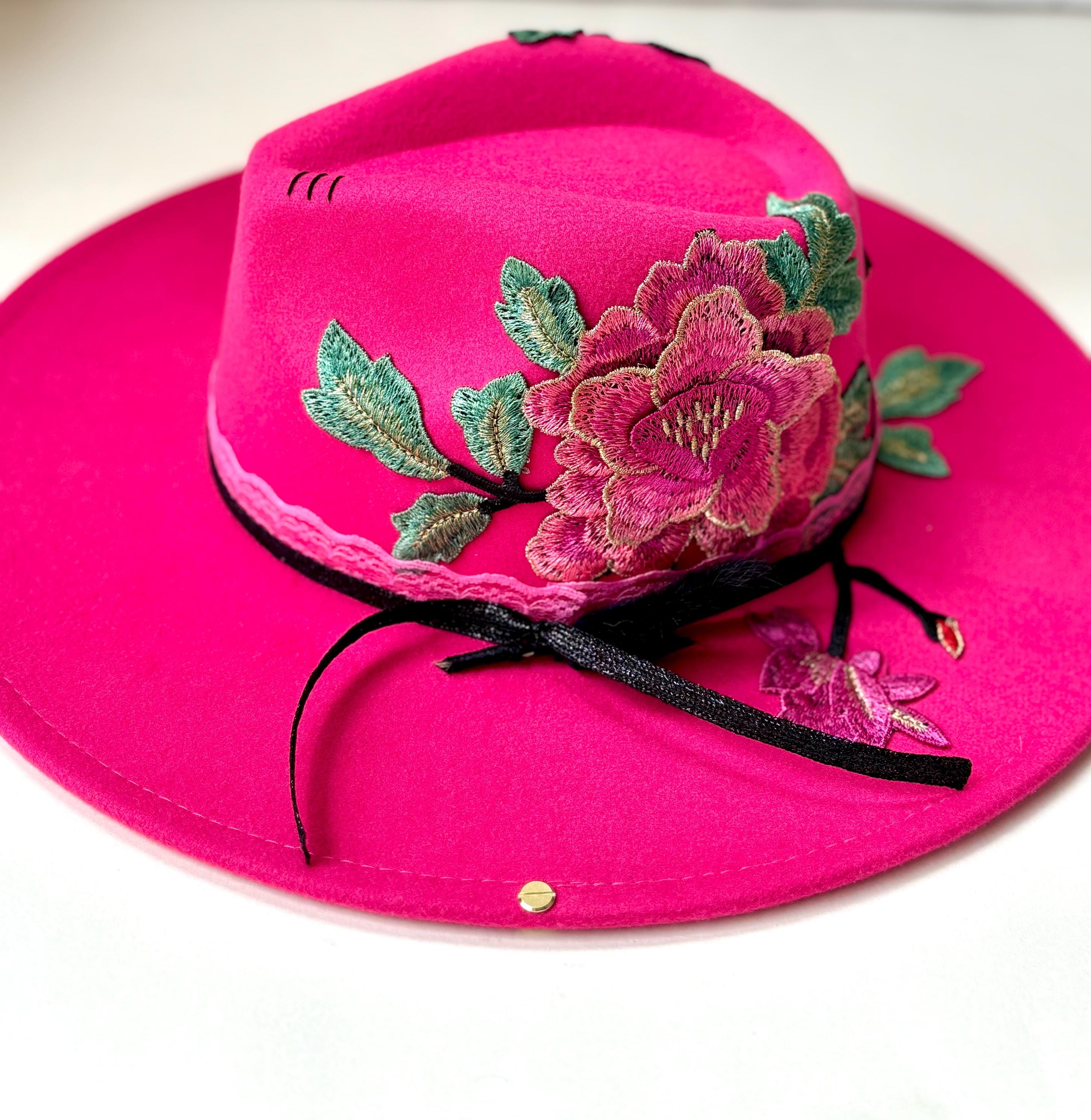 Embellished Pink Floral Wide-Brim Fedora Hat Ethereal wide brim hat. Kentucky Derby Hat. Kentucky Derby  main image 2