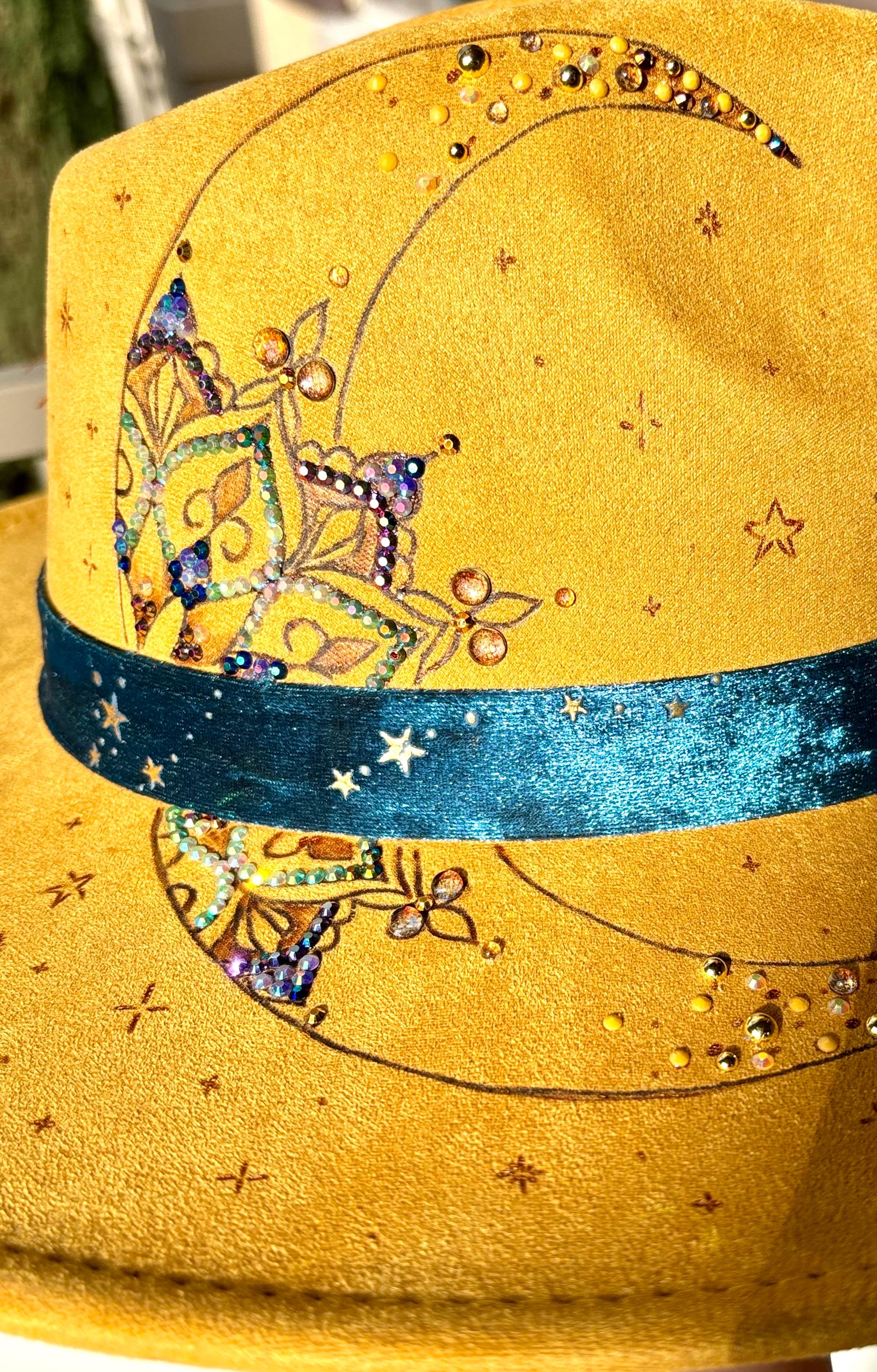 Burned Suede Fedora: Mustard Yellow Hat With Moon & Star  display picture 3