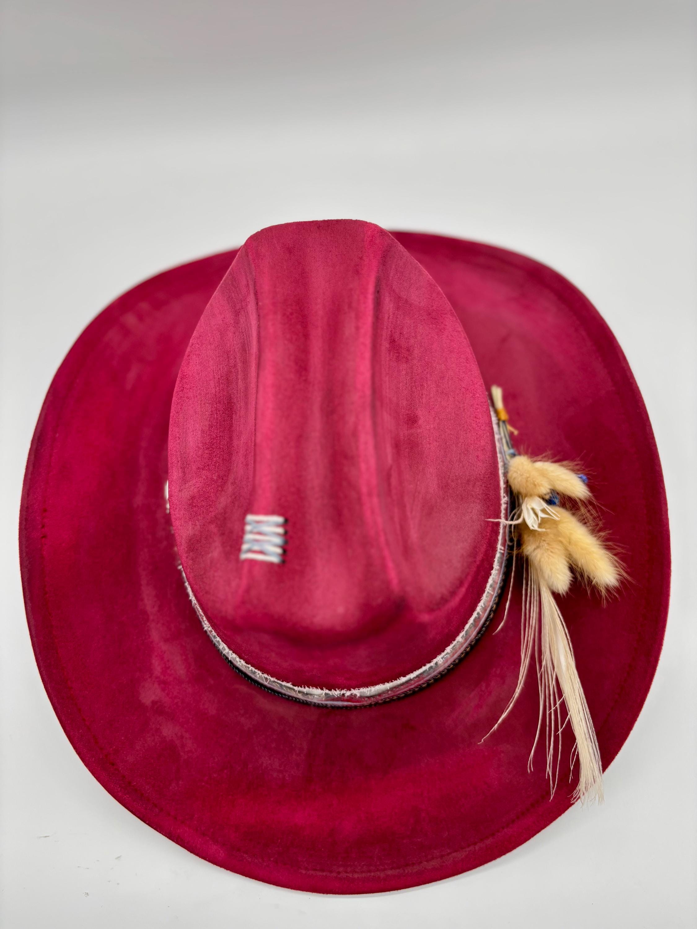 Handmade Red Suede Cowboy Hat: Floral Burned Design, Hand  display picture 1