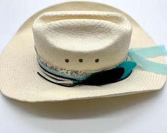 Cream Straw Cowboy Hat: Diamond Weave, Floral Ribbon & Feathers