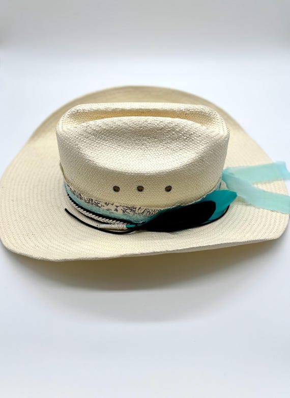 Cream Wide-Brimmed Straw Hat with Decorative Band Faux Pearl Hat Band Decorative Fedora Panama Braided Strap  main image 4