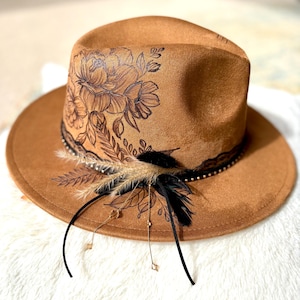 Cream Suede Fedora Hat: Burned Floral Design, Lace & Dried  display picture 1
