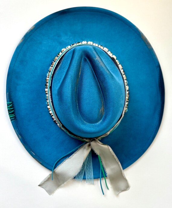 Wide Brim Blue Suede Fedora: Burned Design, Velvet Heart 