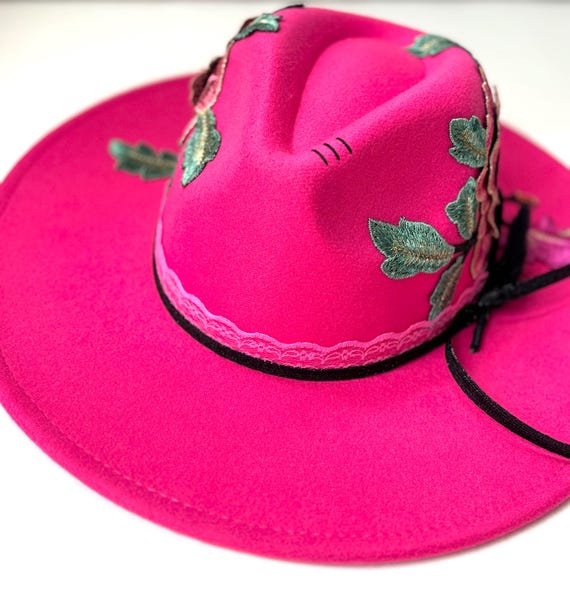 Burned Wide Brim Fedora: Pink Felt Hat With Embroidered  display picture 1