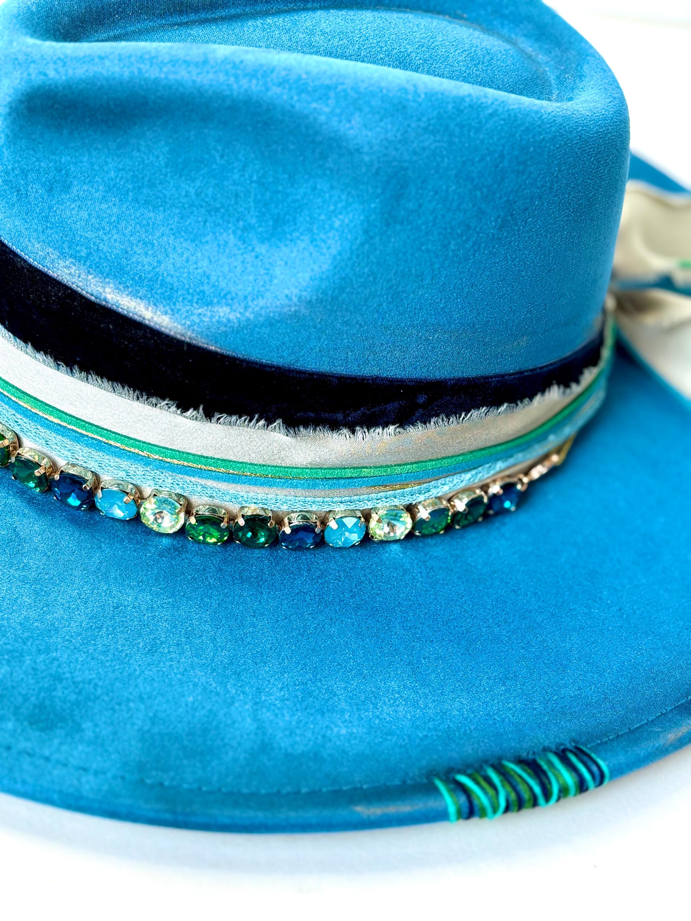 Suede Wide Brim Hat with Blue Feather Accent Wide Brim Blue Suede Fedora: Burned Design, Velvet Heart  main image 2