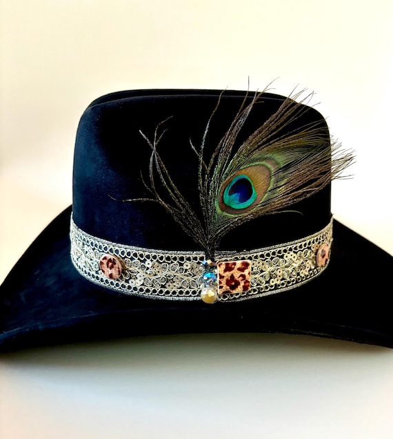Boho Festival Cowboy Hat: Black Suede With Peacock Feather  display picture 3