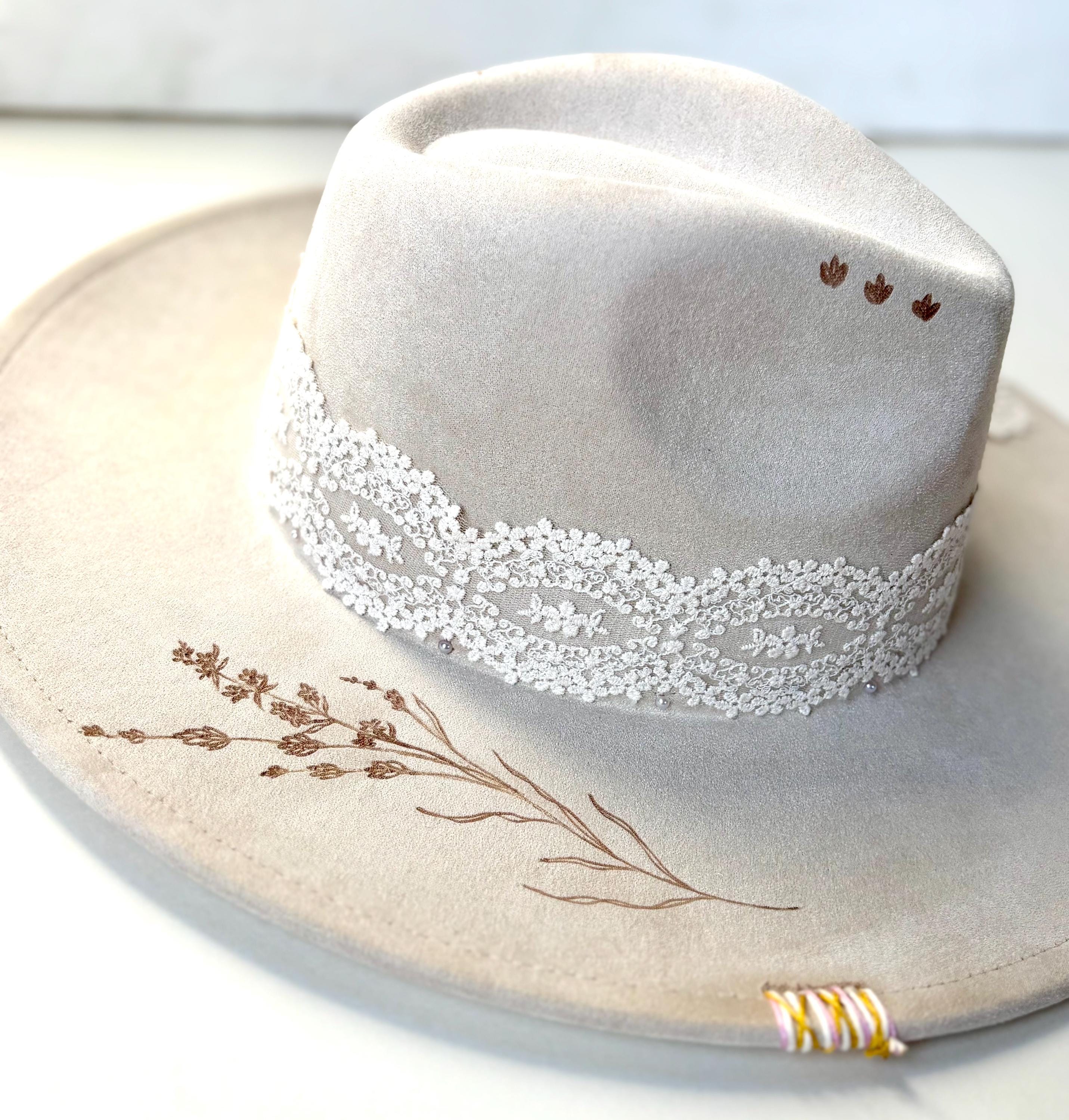 Cream Floral Print Fedora Cream Suede Fedora Hat: Burned Floral Design, Gold Flower  main image 4