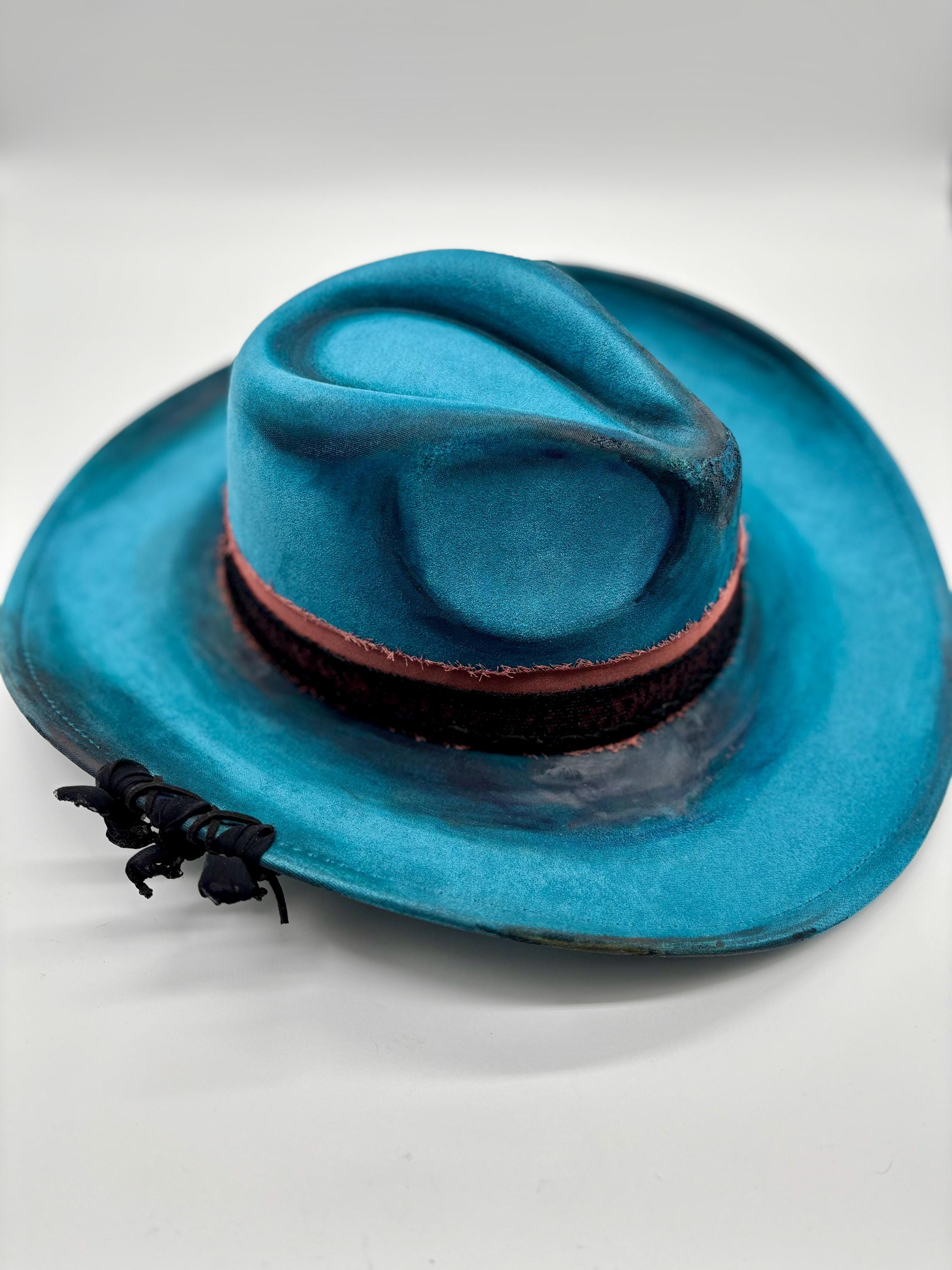 Lizette Suede Fedora Hat Blue denim Custom Hand-burned Blue Suede Fedora: Western Boho Cowgirl  main image 3