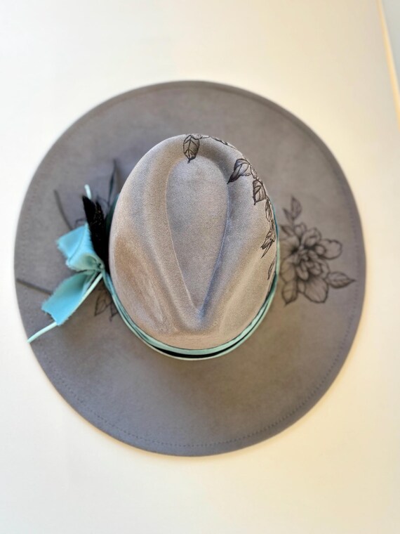 Light Gray Suede Wide-Brim Fedora with Floral Velvet Band Stay Wild Stone Grey Wide Brim Fedora Hat – Echo Nation Studio main image 4