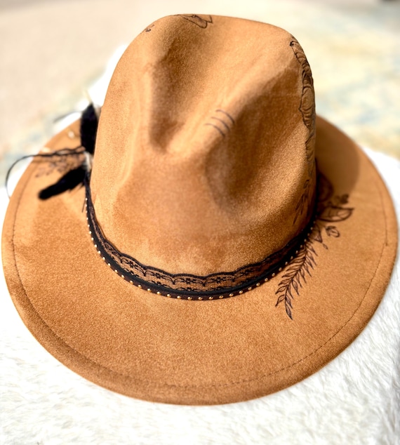 Burned Floral Fedora Hat: Brown Suede With Black Lace & Gold 