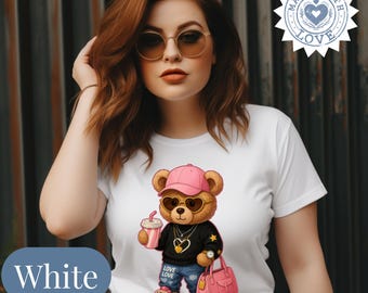 Camiseta de oso de moda moderna, linda camiseta gráfica de ropa urbana, elegante camiseta de oso de peluche, atuendo informal para mujer, regalo