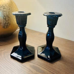 Vintage L.E. Smith Black Amethyst Glass Octagon Base Candle Holders Pair