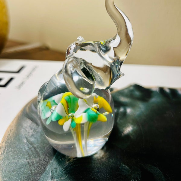 Small Glass Elephant with Blown in Glass Flowers in Yellow, Green and White