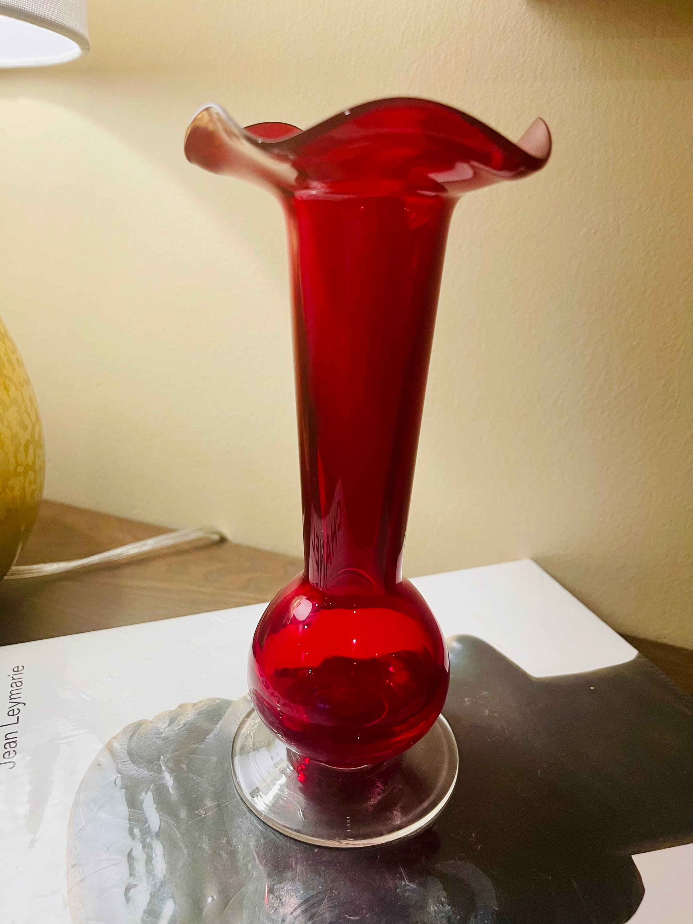 Vintage Art Glass Vase Crackle Bottom Ruby Red Ruffled Top Etsy