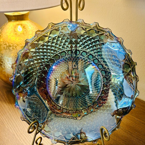 Vintage Indiana Glass Iridescent Peacock Blue Carnival Glass StarBurst Ruffled Bowl