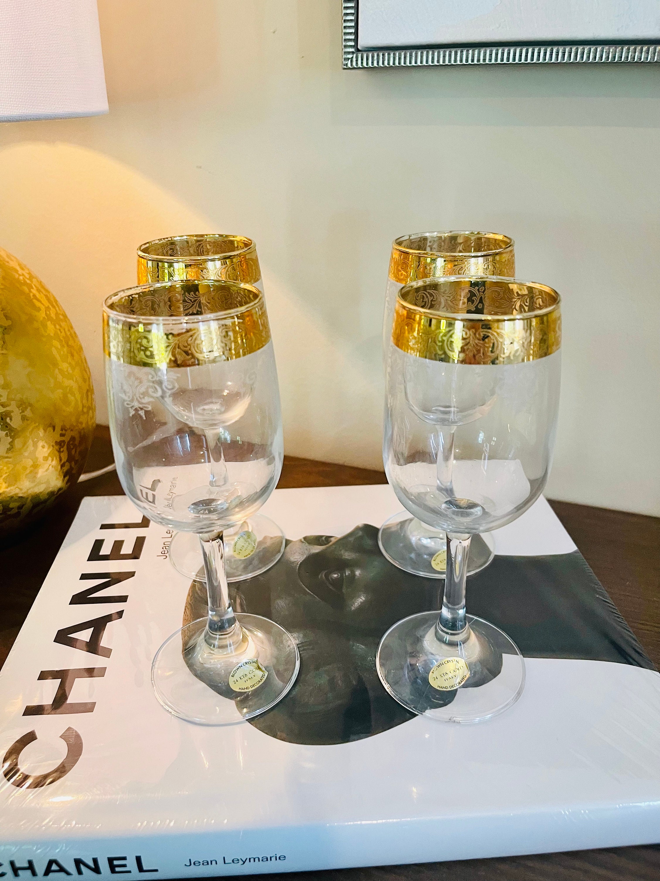 Vintage Cellini Crystal Italian Wine Glasses 24kt Gold Hand 
