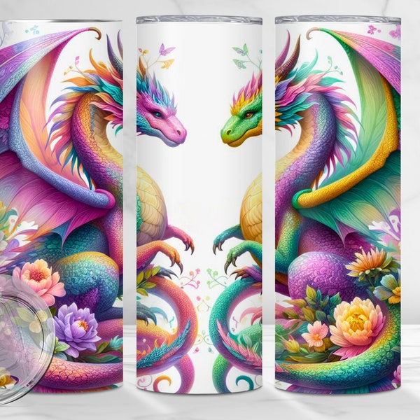 Two Dragons Tumbler Sublimation, ColorChange Tumbler 20oz, Fairy Animal Flowers Digital PNG Straight Wrap , Waterslide , Vinyl, Epozy