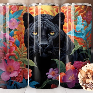 Panther Tumbler Wrap, Big Cat Bright Bold Flowers, Sublimation Design, Vinyl Wrap, 20oz Skinny Straight Tapered Wrap, Printable PNG
